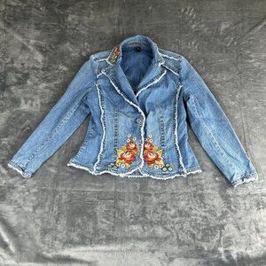 Vintage Y2K Kitkit Jeans Floral Embroidered Denim Jacket Womens XL Boho Hippie